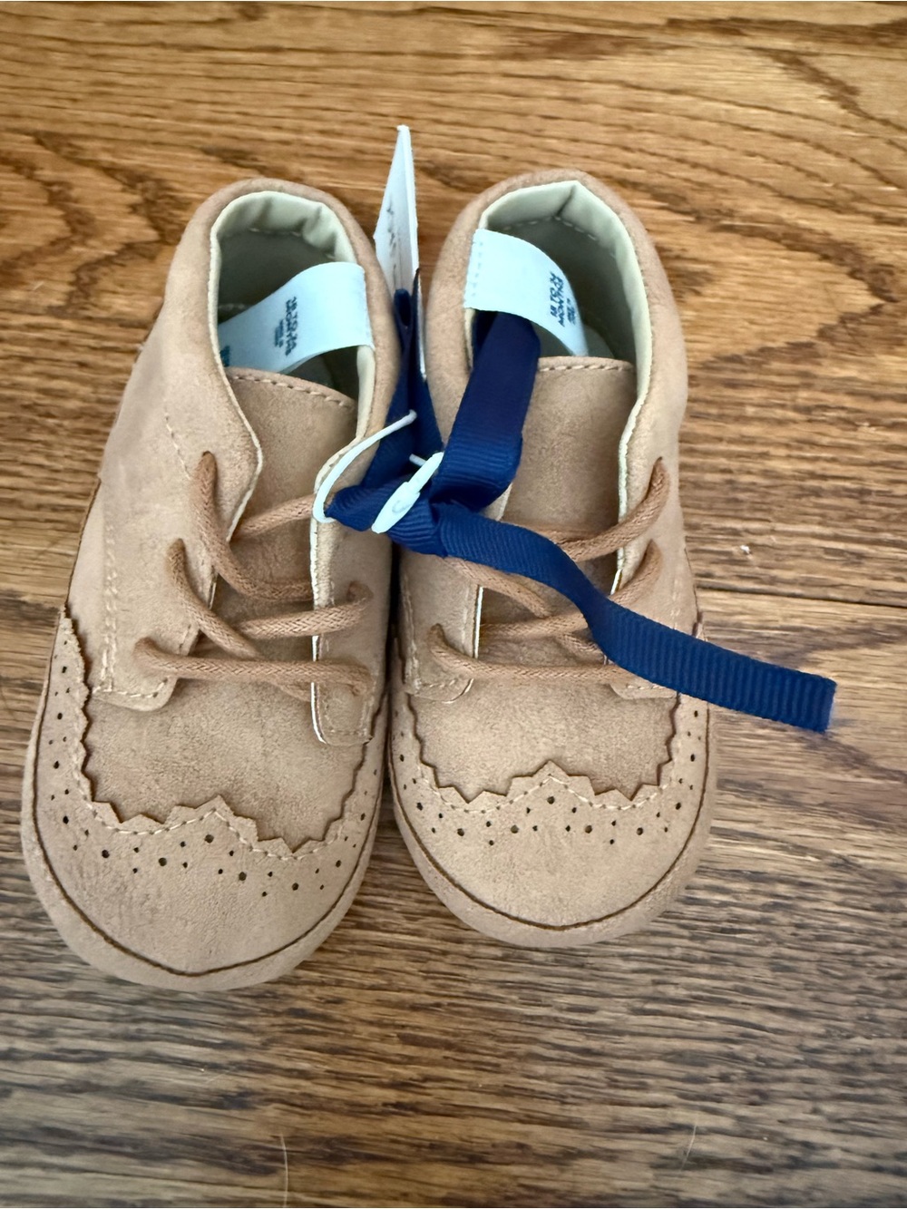 Janie and Jack Tan Suede Brogue Walker Shoes with Navy Ribbon